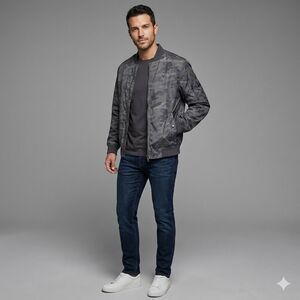 Michael Kors Mens Camo Bomber Jacket Medium Grey Camouflage Orange Logo Liner M